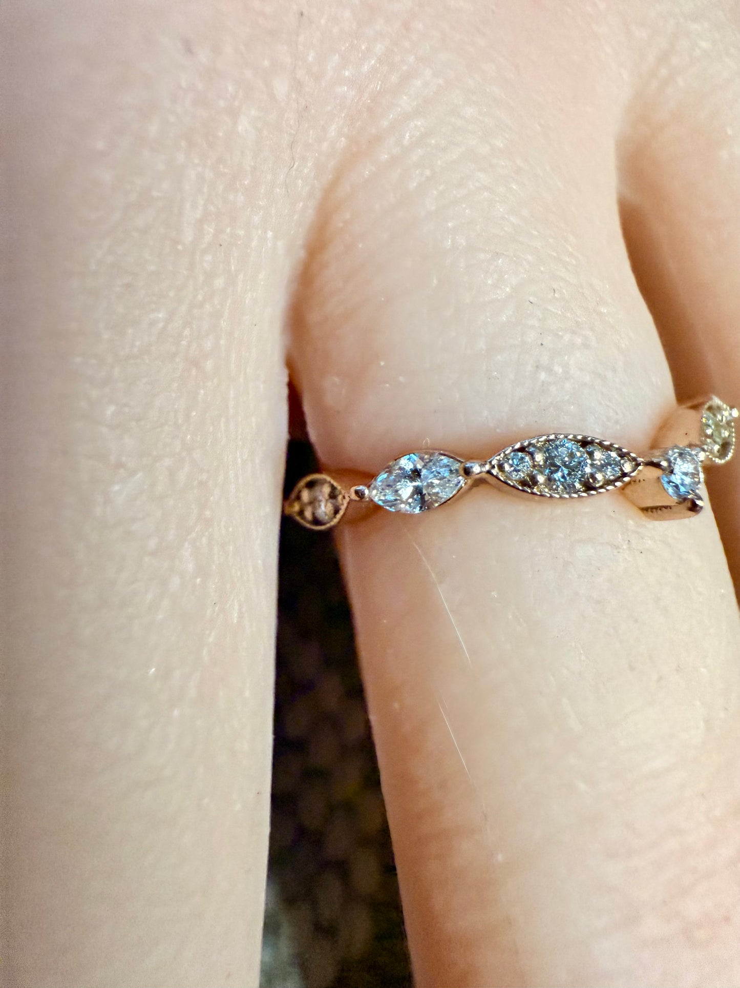14K gold curved wedding band lab diamonds eco friendly vintage chic marquise round diamonds v shaped