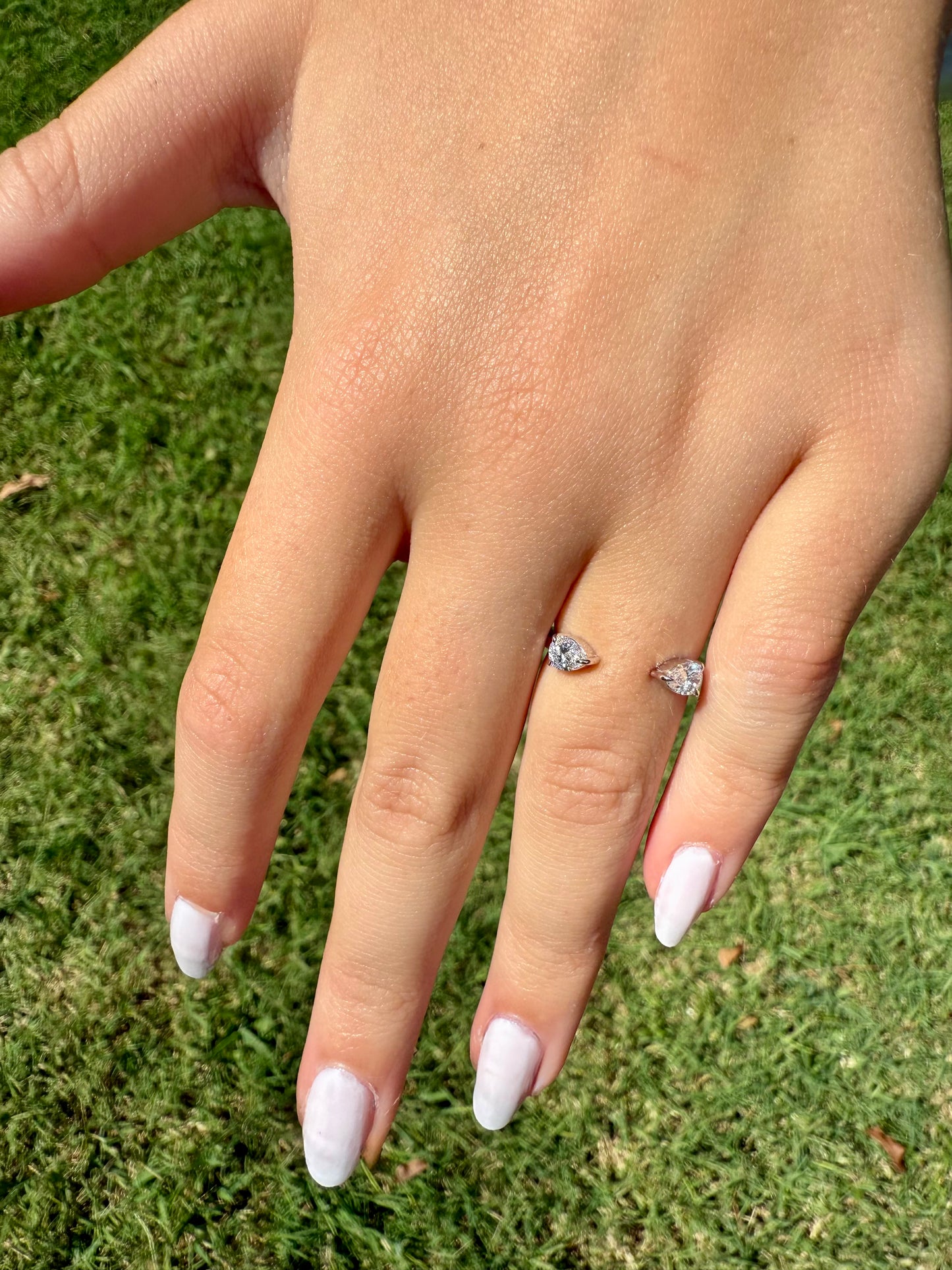 open gap wedding band, pear shaped lab diamonds, 14K white, rose and yellow gold.