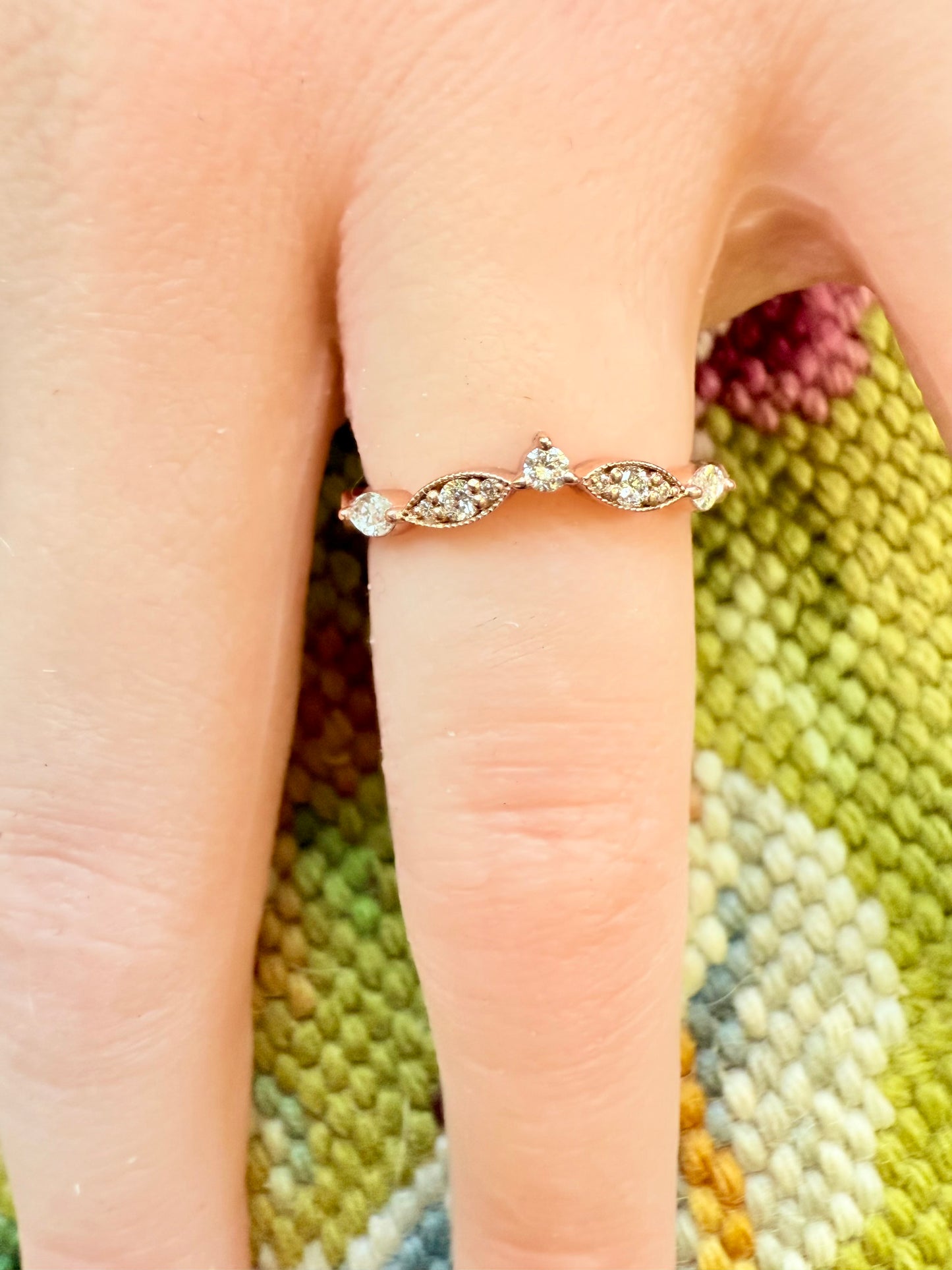 14K gold curved wedding band lab diamonds eco friendly vintage chic marquise round diamonds v shaped