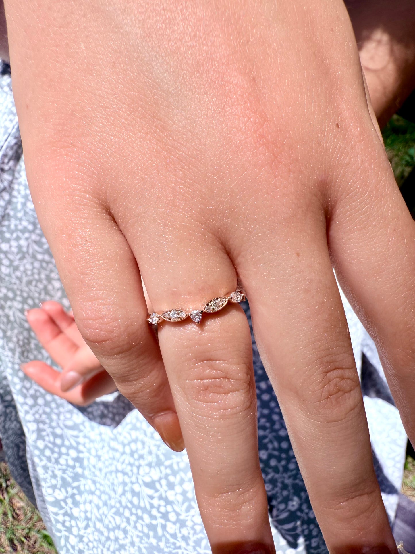14K gold curved wedding band lab diamonds eco friendly vintage chic marquise round diamonds v shaped