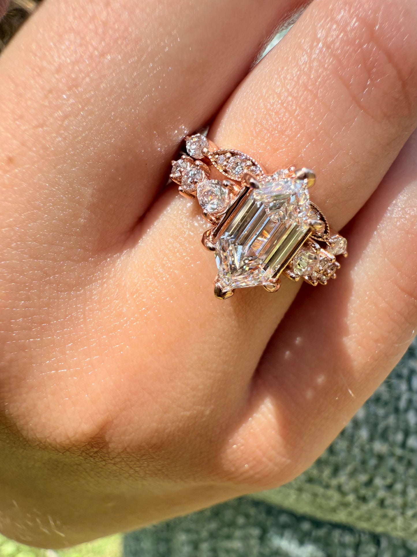 14K gold curved wedding band lab diamonds eco friendly vintage chic marquise round diamonds v shaped
