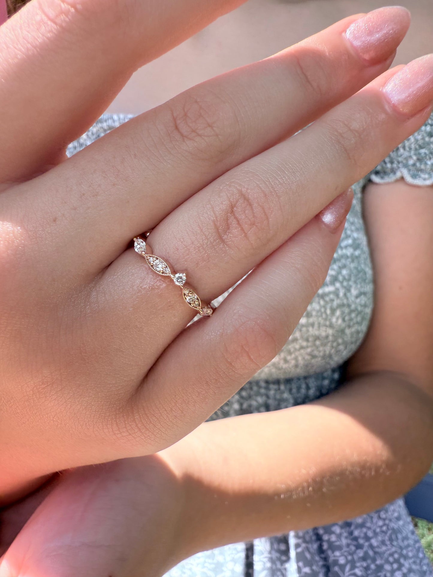 14K gold curved wedding band lab diamonds eco friendly vintage chic marquise round diamonds v shaped