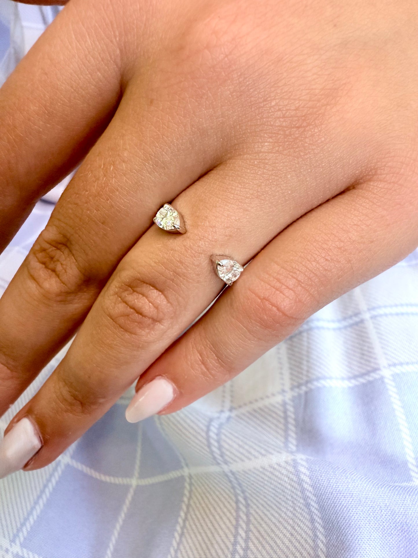 open gap wedding band, pear shaped lab diamonds, 14K white, rose and yellow gold.