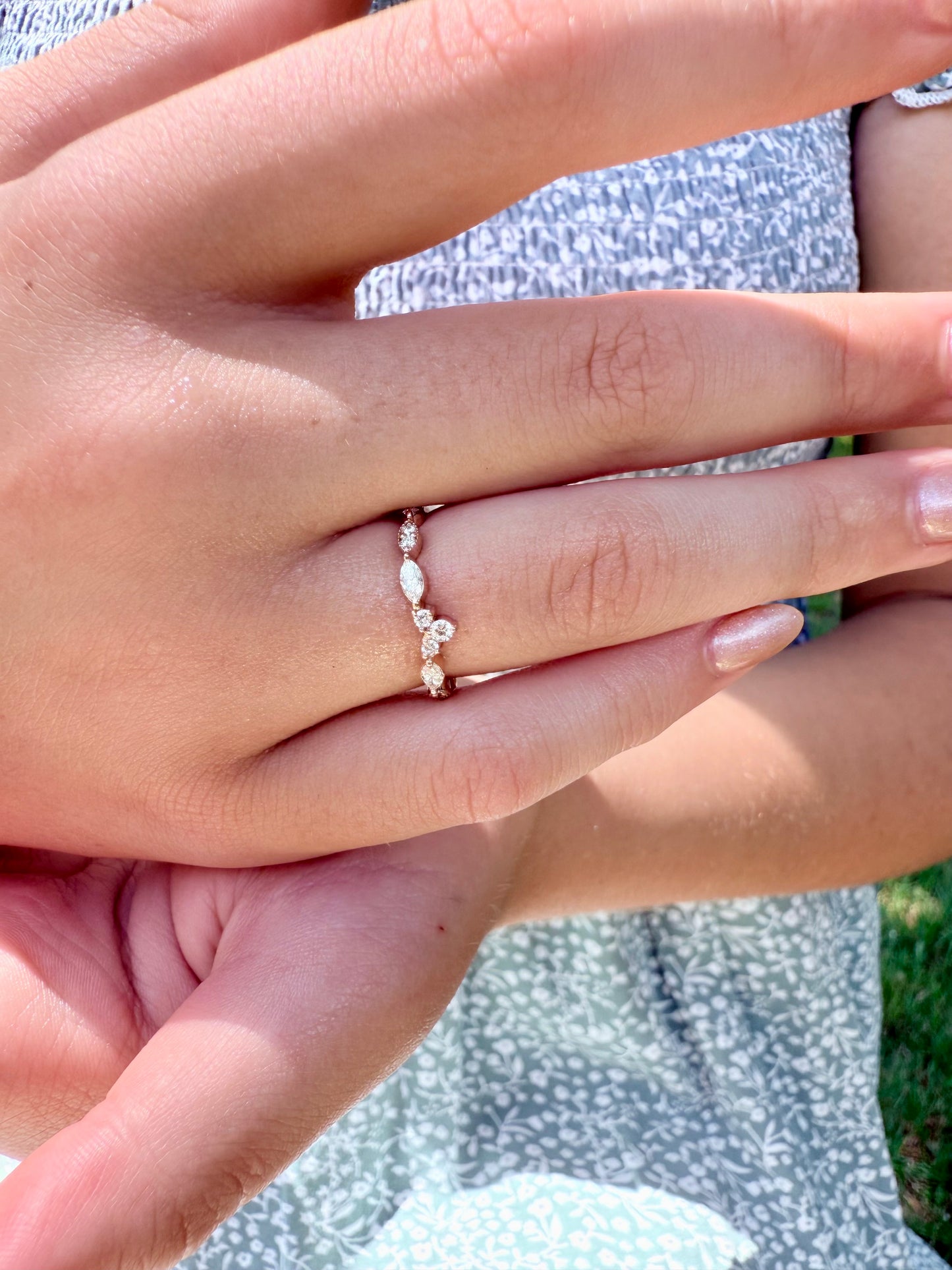 14K gold curved wedding band lab diamonds eco friendly vintage chic marquise round diamonds v shaped