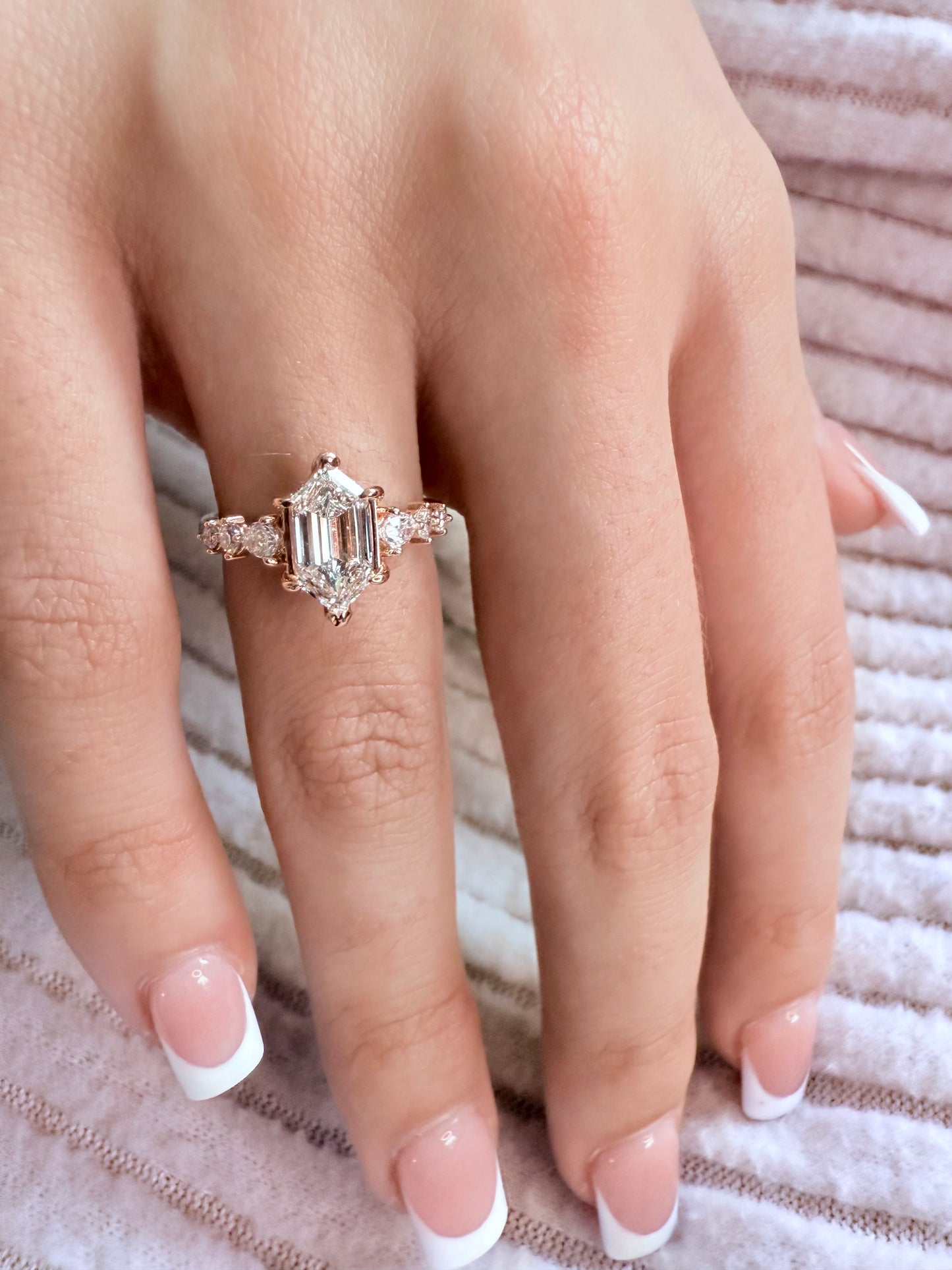 Lab Hexagon Diamonds 14K rose gold white gold yellow gold made to order unique step cut