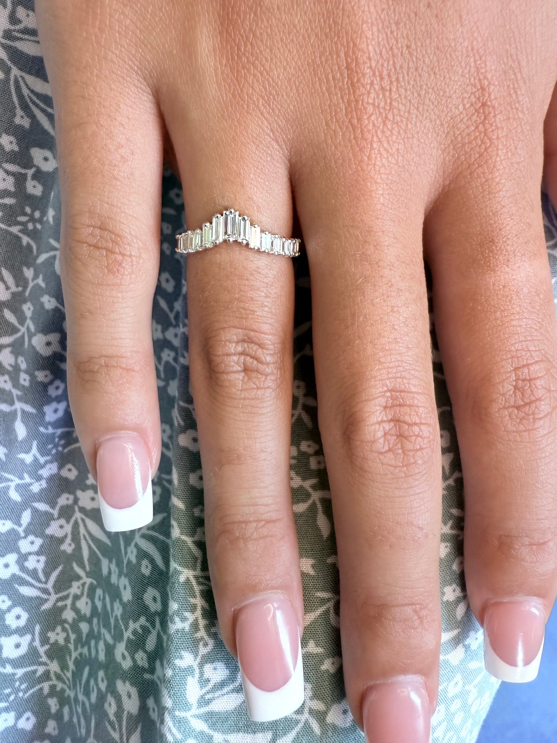 Rose, white and yellow gold. baguette cut diamond, vintage, unique, curved, custom, wedding band, 14K gold 