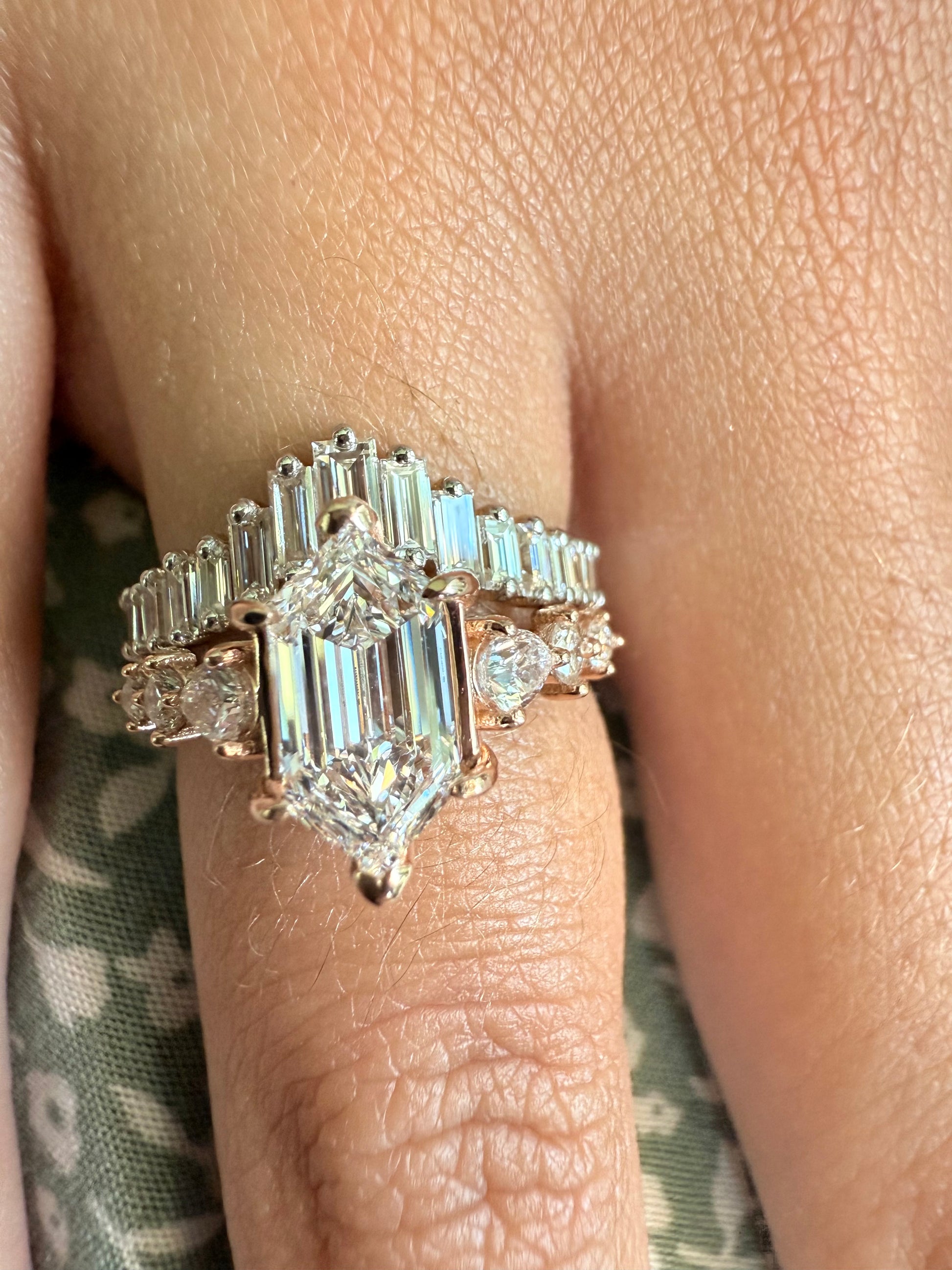 Rose, white and yellow gold. baguette cut diamond, vintage, unique, curved, custom, wedding band, 14K gold 