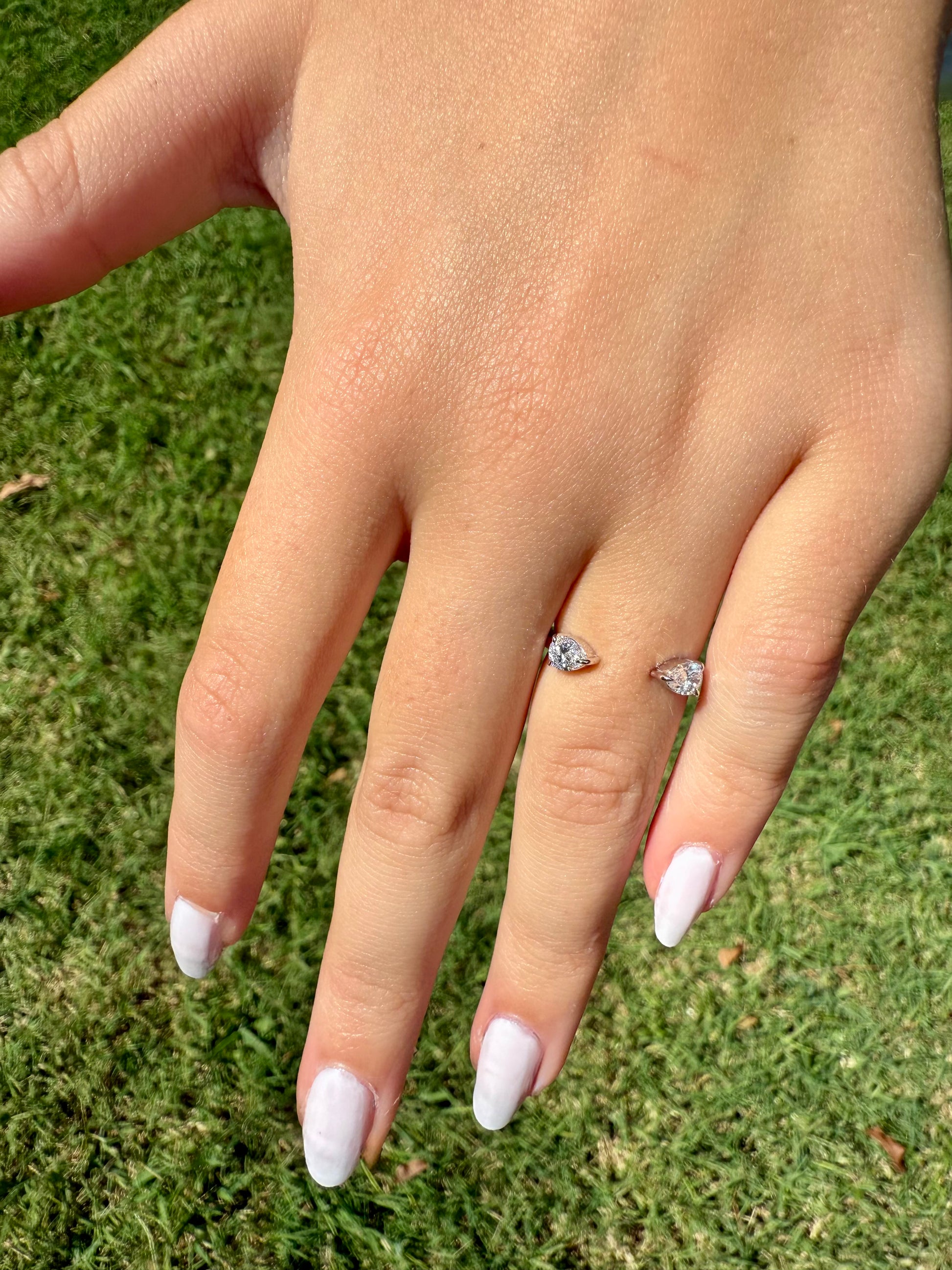 open gap wedding band, pear shaped lab diamonds, 14K white, rose and yellow gold. 