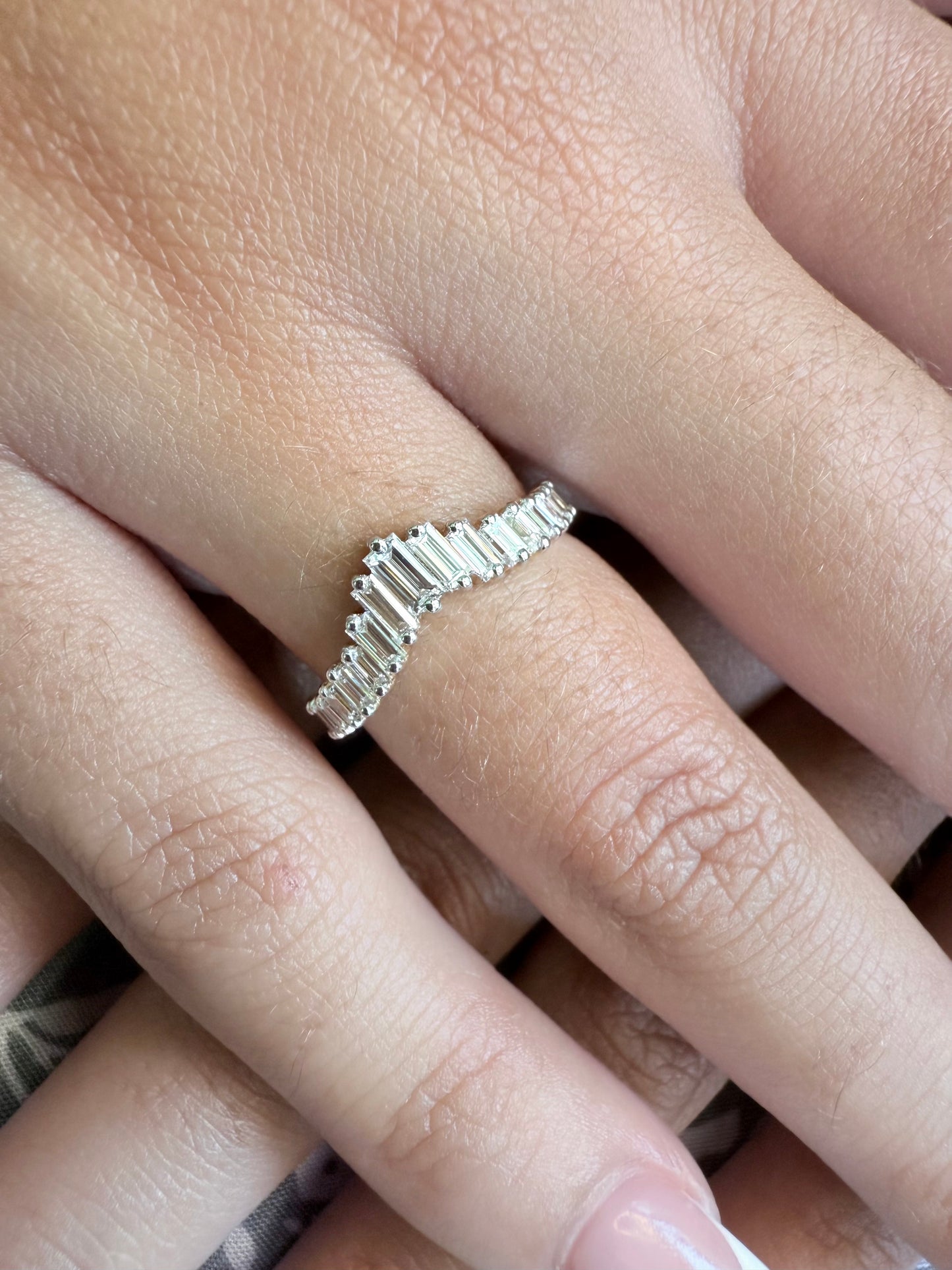 Rose, white and yellow gold. baguette cut diamond, vintage, unique, curved, custom, wedding band, 14K gold 