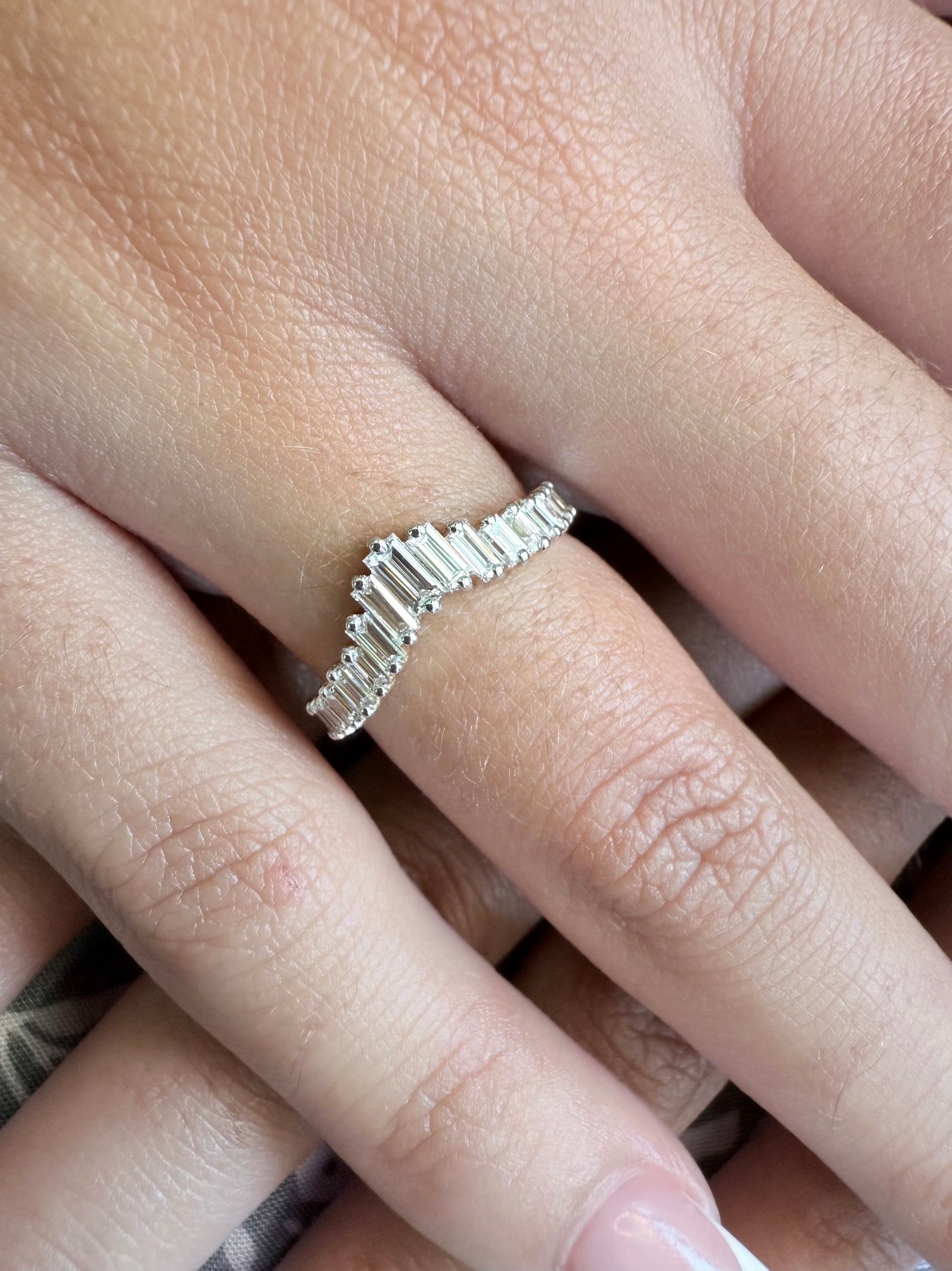 Rose, white and yellow gold. baguette cut diamond, vintage, unique, curved, custom, wedding band, 14K gold 