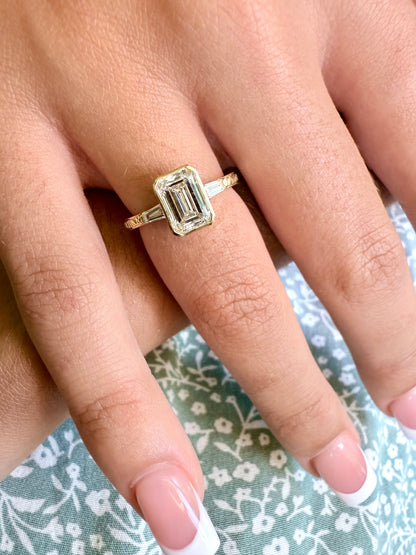 Rose, white and yellow gold. Emerald cut diamond, vintage, unique, scrolling, custom, bezel, 14K gold 