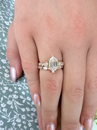 14K gold curved wedding band lab diamonds eco friendly vintage chic marquise round diamonds v shaped 