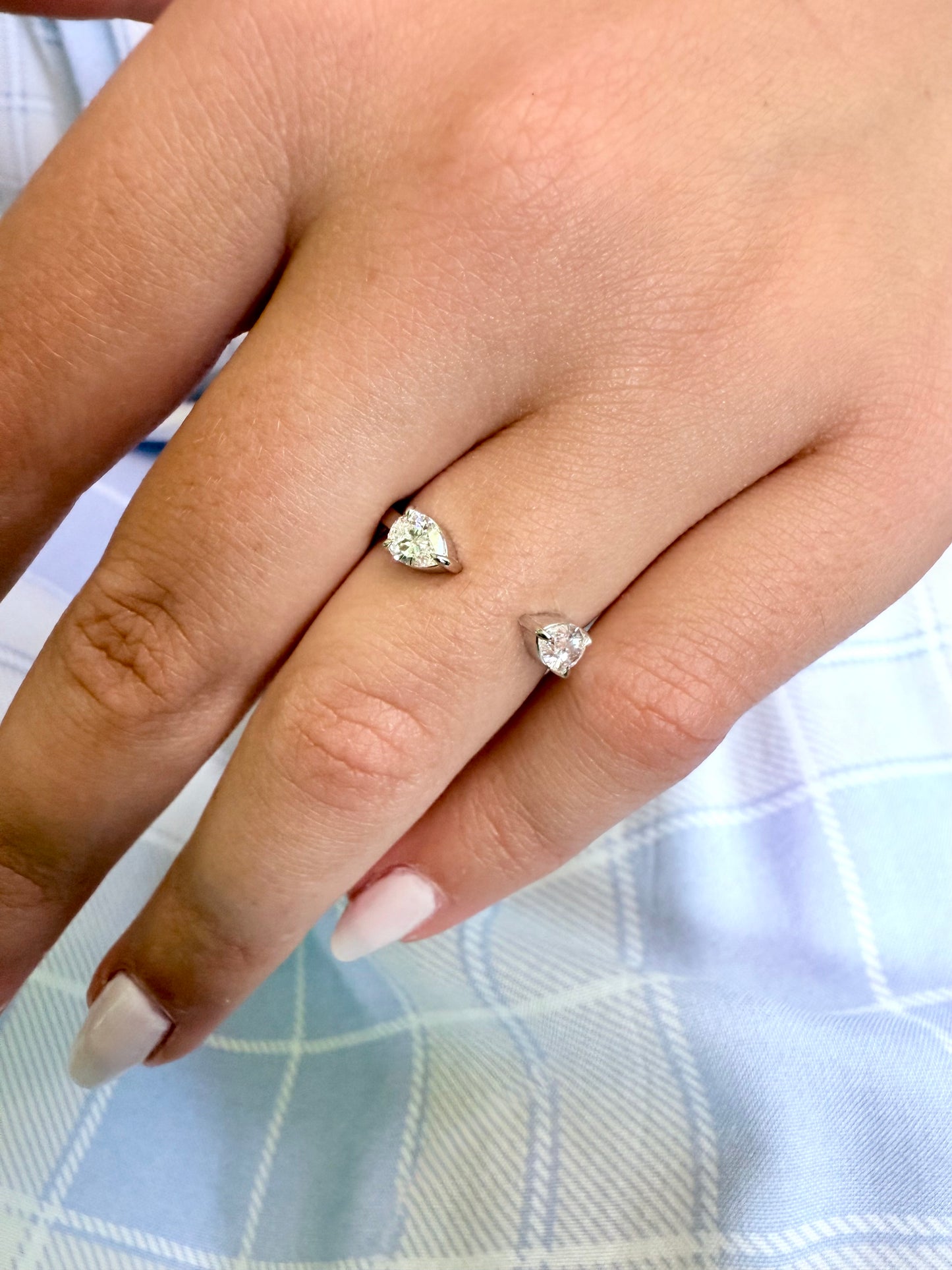 open gap wedding band, pear shaped lab diamonds, 14K white, rose and yellow gold. 