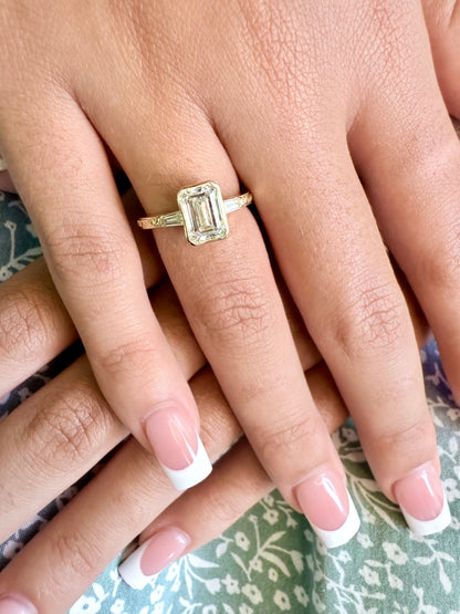 Rose, white and yellow gold. Emerald cut diamond, vintage, unique, scrolling, custom, bezel, 14K gold 