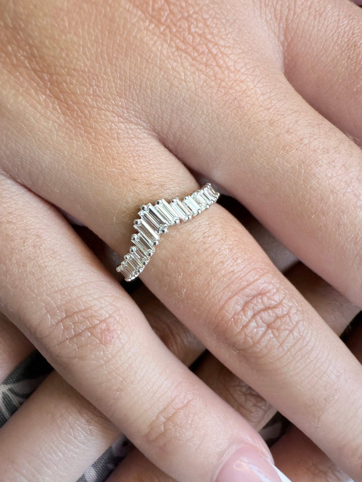 Rose, white and yellow gold. baguette cut diamond, vintage, unique, curved, custom, wedding band, 14K gold 