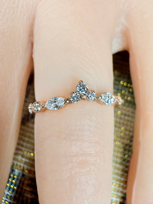 14K gold curved wedding band lab diamonds eco friendly vintage chic marquise round diamonds v shaped 