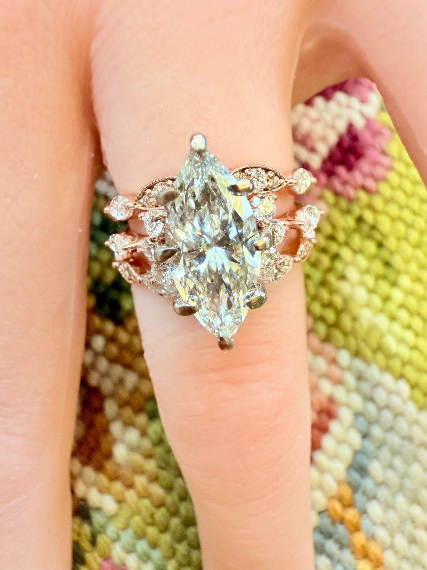 14K gold curved wedding band lab diamonds eco friendly vintage chic marquise round diamonds v shaped 