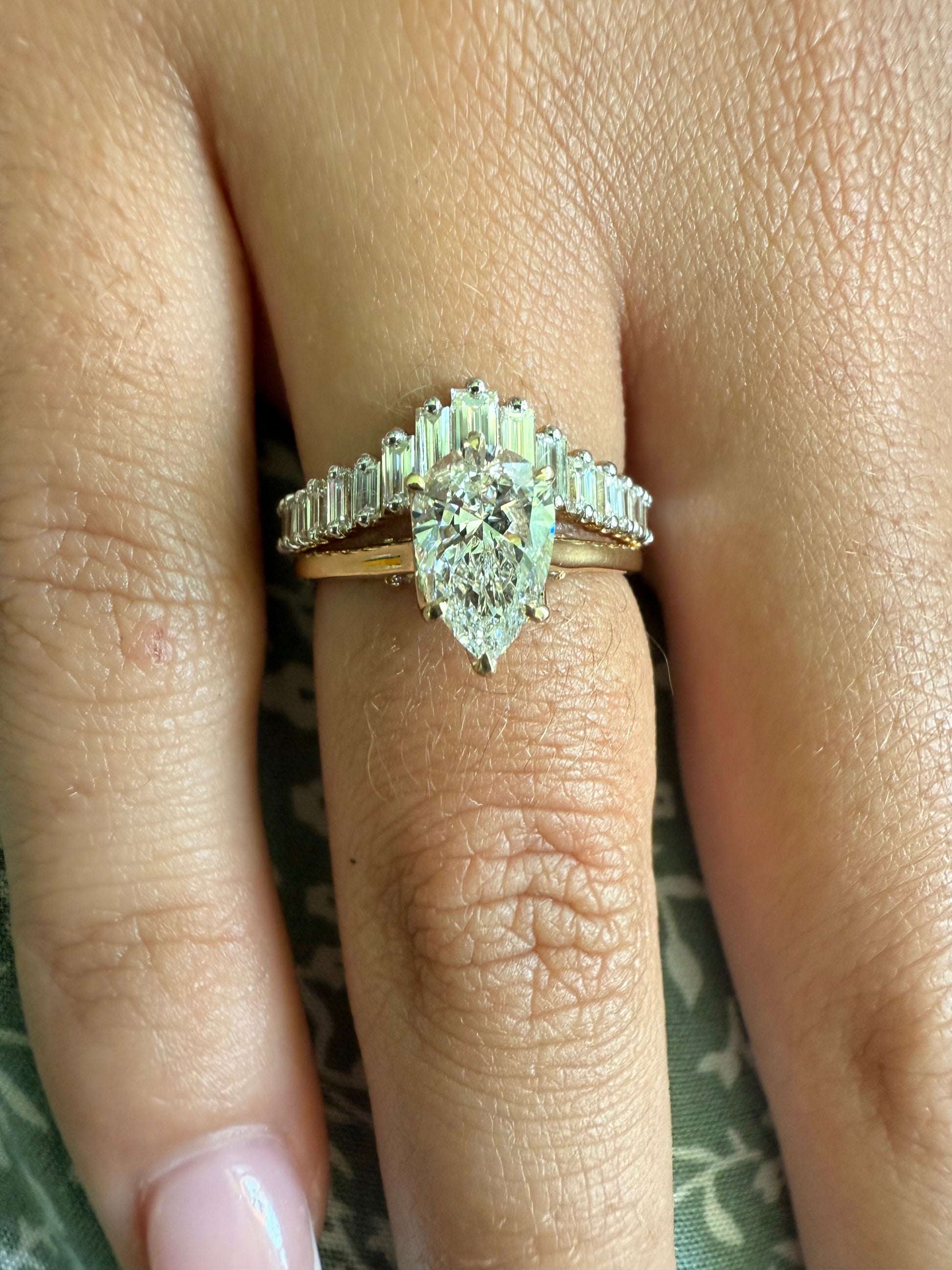 Rose, white and yellow gold. baguette cut diamond, vintage, unique, curved, custom, wedding band, 14K gold 
