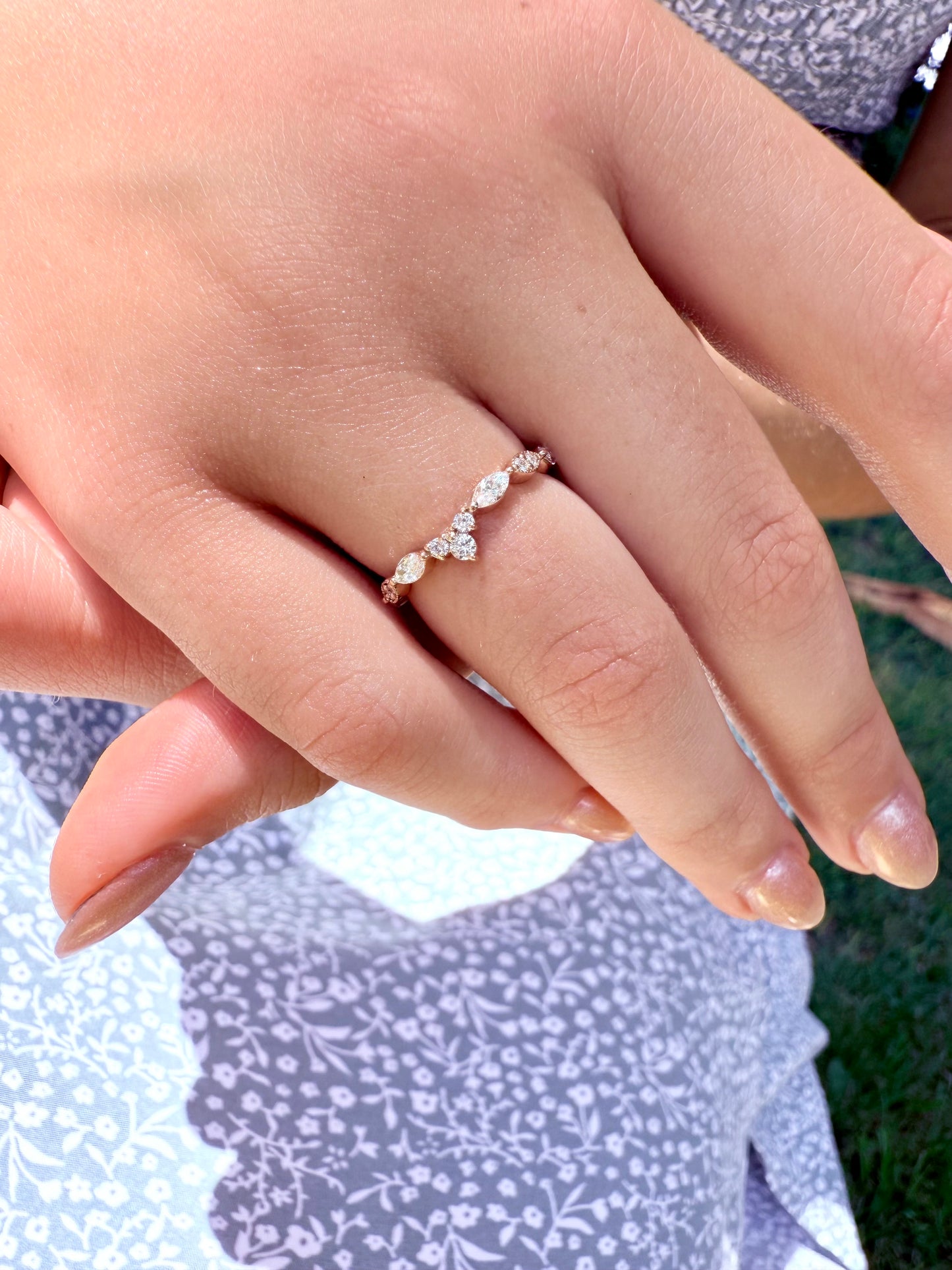 14K gold curved wedding band lab diamonds eco friendly vintage chic marquise round diamonds v shaped 