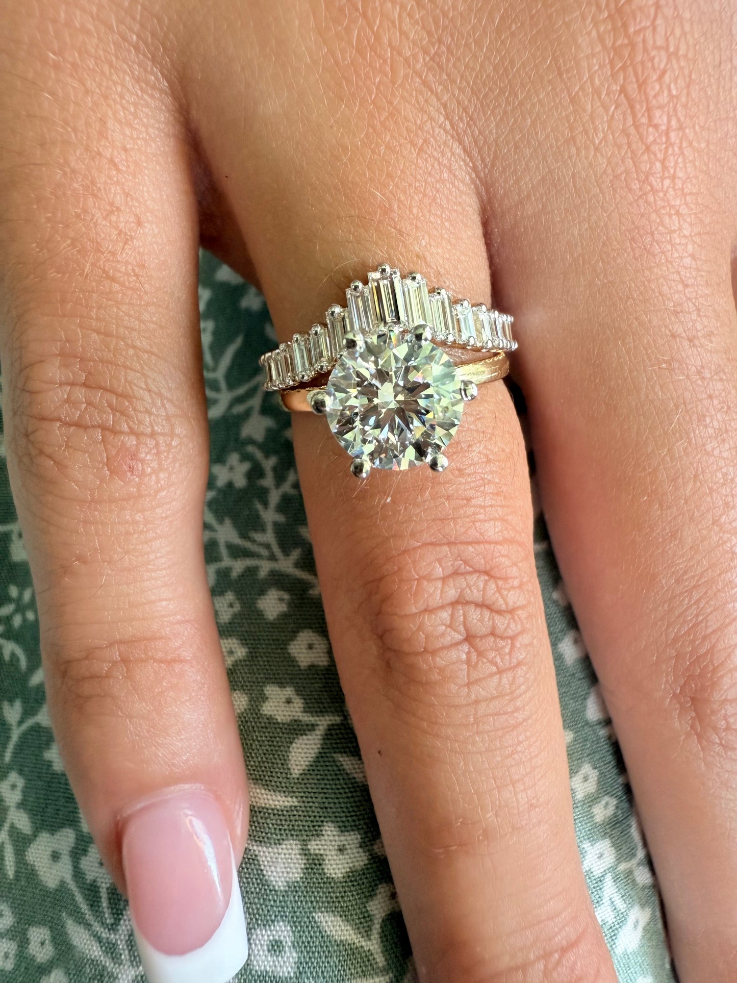 Rose, white and yellow gold. baguette cut diamond, vintage, unique, curved, custom, wedding band, 14K gold 