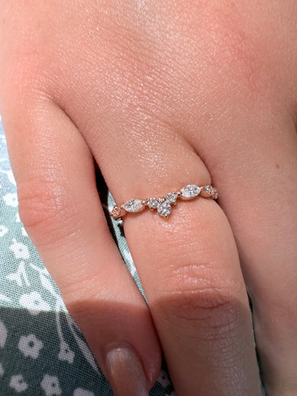 14K gold curved wedding band lab diamonds eco friendly vintage chic marquise round diamonds v shaped 
