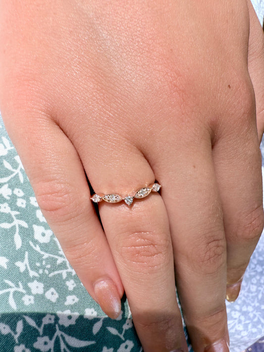 14K gold curved wedding band lab diamonds eco friendly vintage chic marquise round diamonds v shaped 