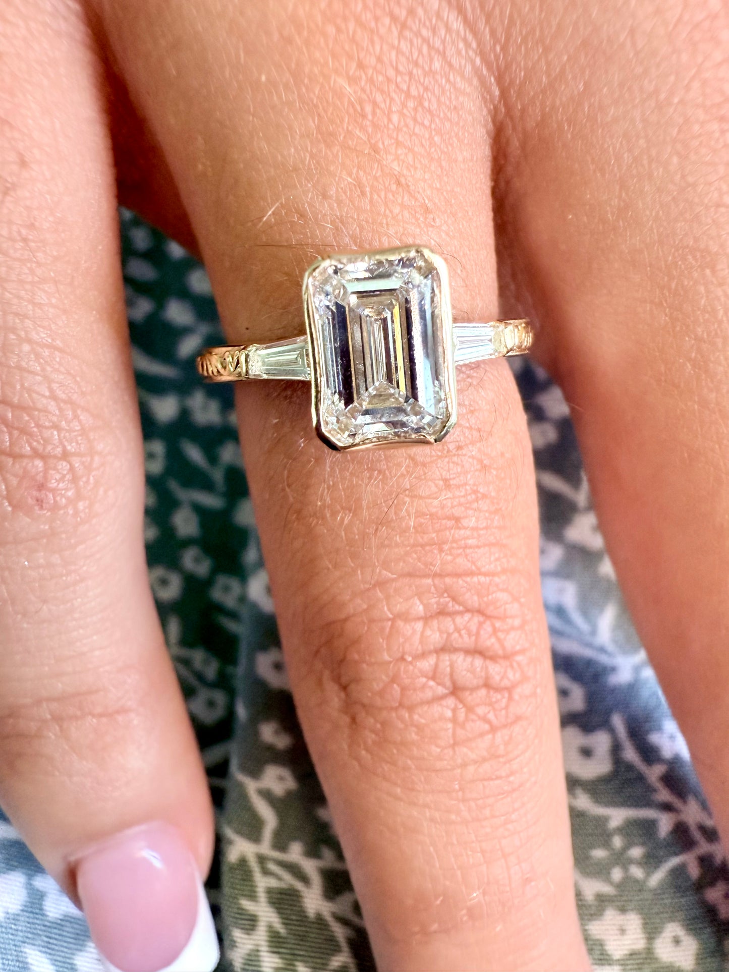 Rose, white and yellow gold. Emerald cut diamond, vintage, unique, scrolling, custom, bezel, 14K gold 
