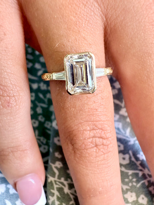 Rose, white and yellow gold. Emerald cut diamond, vintage, unique, scrolling, custom, bezel, 14K gold 