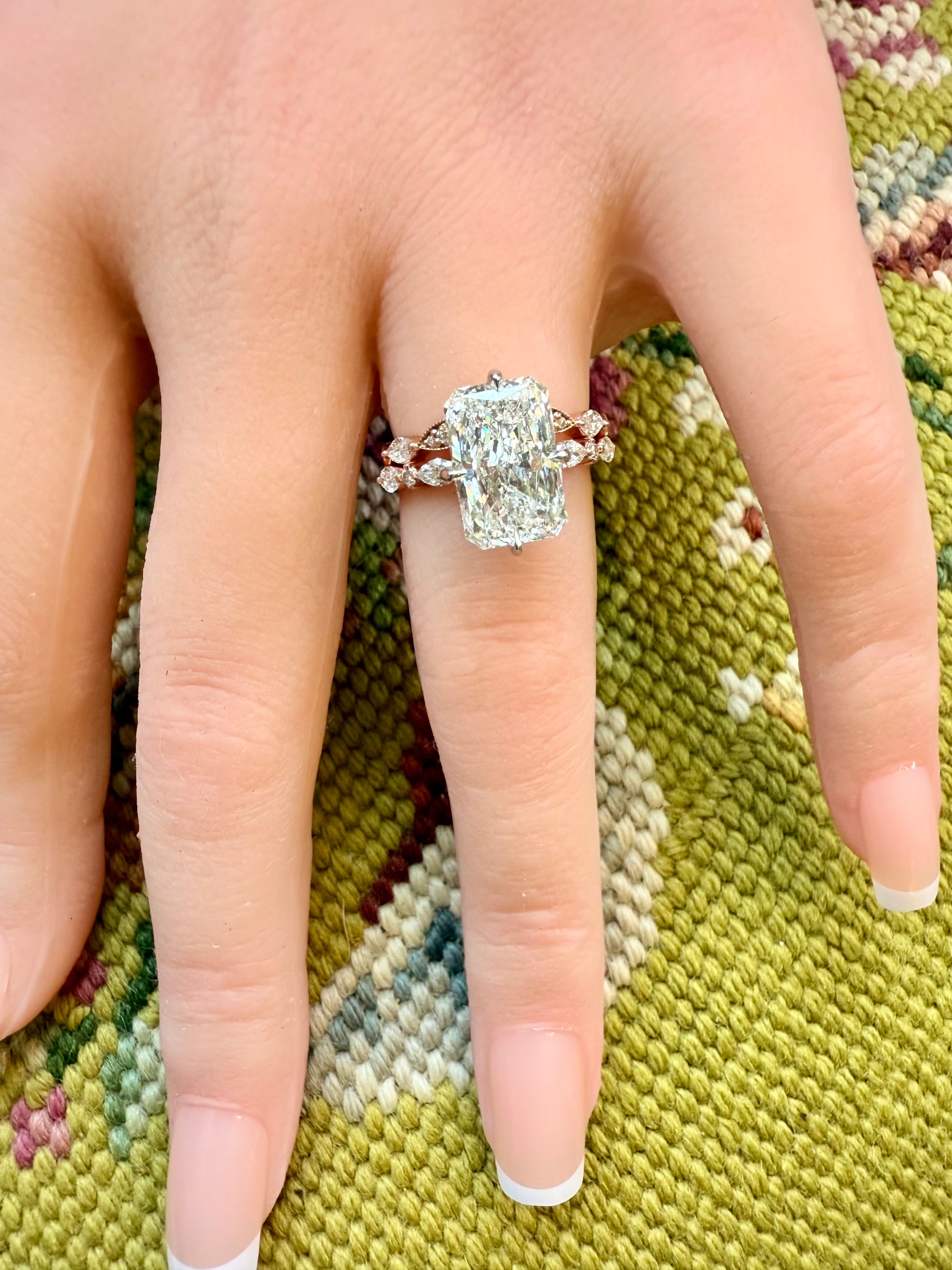 14K gold curved wedding band lab diamonds eco friendly vintage chic marquise round diamonds v shaped 