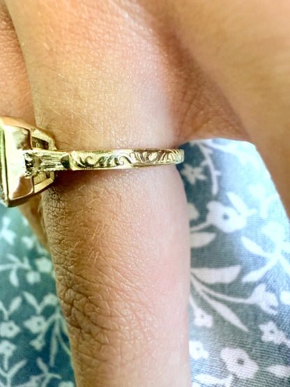 Rose, white and yellow gold. Emerald cut diamond, vintage, unique, scrolling, custom, bezel, 14K gold 