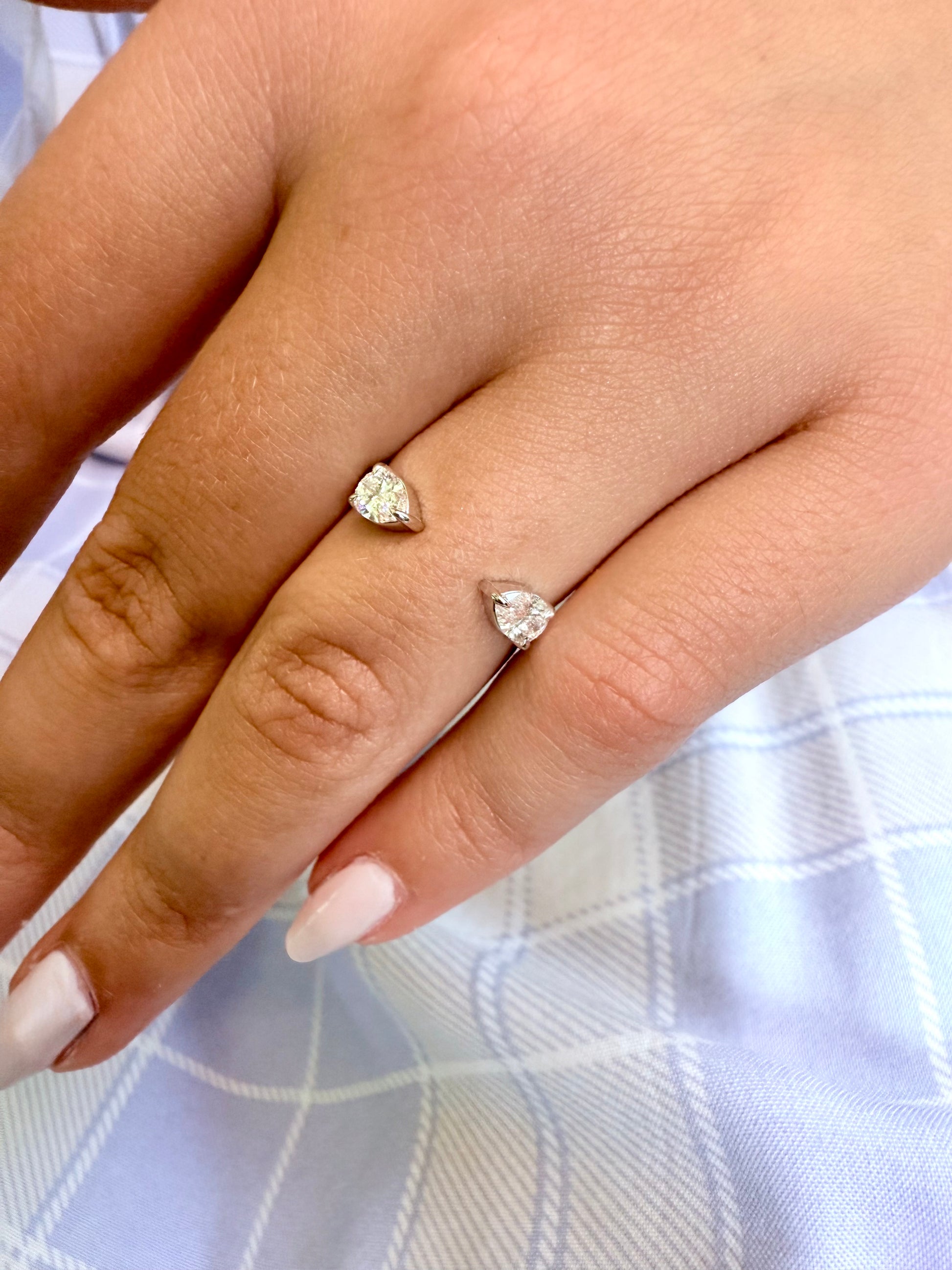 open gap wedding band, pear shaped lab diamonds, 14K white, rose and yellow gold. 