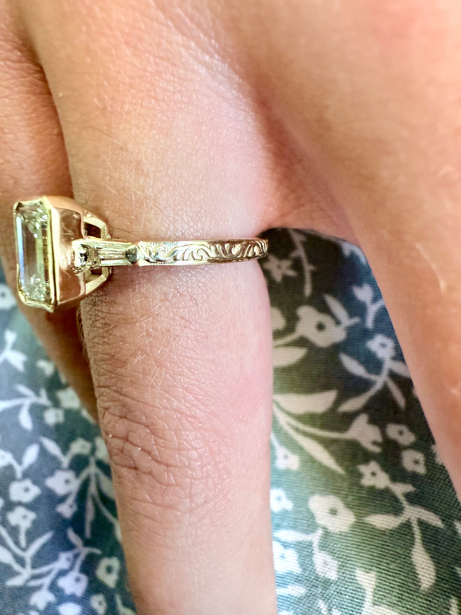 Rose, white and yellow gold. Emerald cut diamond, vintage, unique, scrolling, custom, bezel, 14K gold 