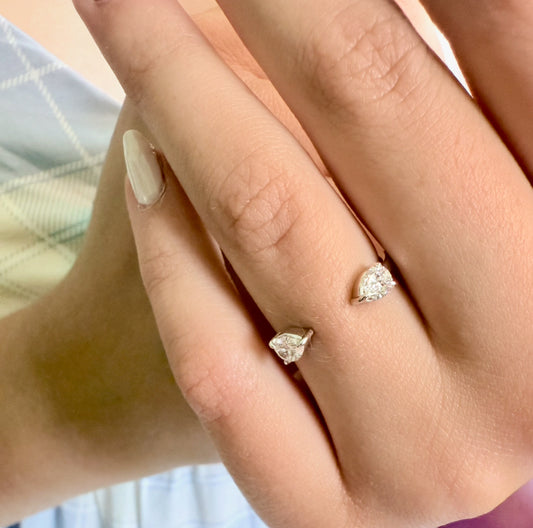 open gap wedding band, pear shaped lab diamonds, 14K white, rose and yellow gold. 