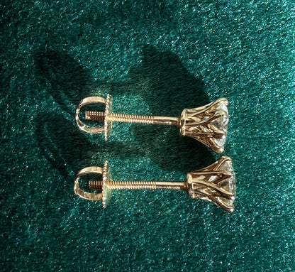 Round brilliant cut lab diamond studs .50 carat weight each totaling 1 Carat are cradled beautifully in an intricate 6 prong setting complementing the sparkling facets of a round diamond. This item is a must have staple. 14K white gold 14K rose gold 14K yellow gold. screw backs 