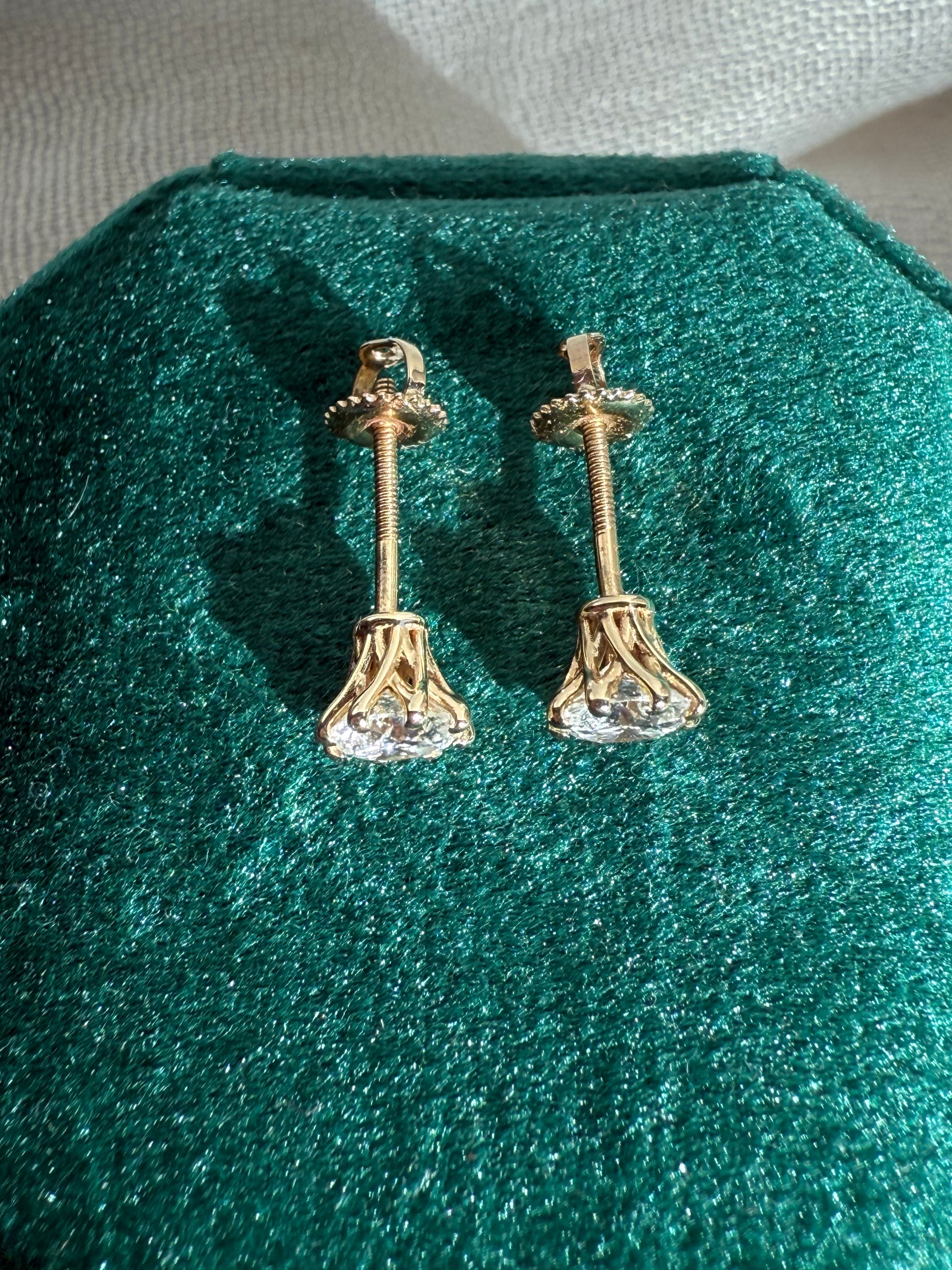 Round brilliant cut lab diamond studs .50 carat weight each totaling 1 Carat are cradled beautifully in an intricate 6 prong setting complementing the sparkling facets of a round diamond. This item is a must have staple. 14K white gold 14K rose gold 14K yellow gold. screw backs 