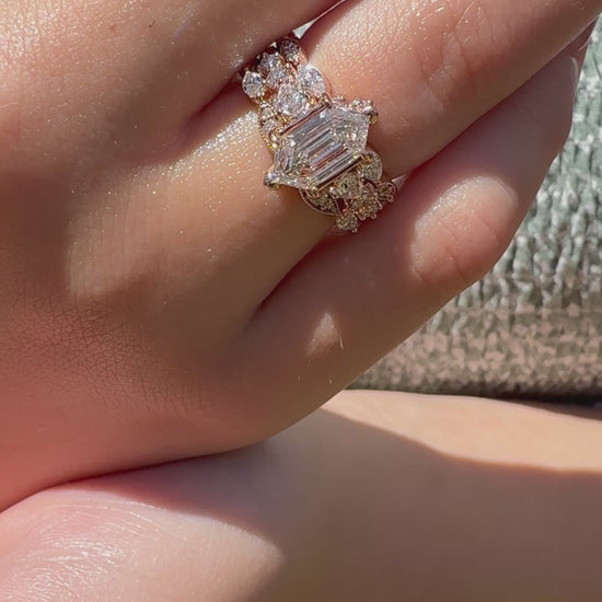 14K gold curved wedding band lab diamonds eco friendly vintage chic marquise round diamonds v shaped 