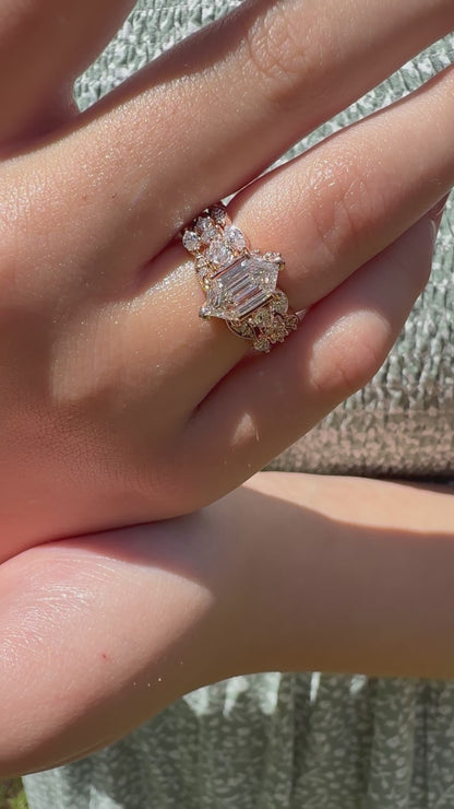 14K gold curved wedding band lab diamonds eco friendly vintage chic marquise round diamonds v shaped 