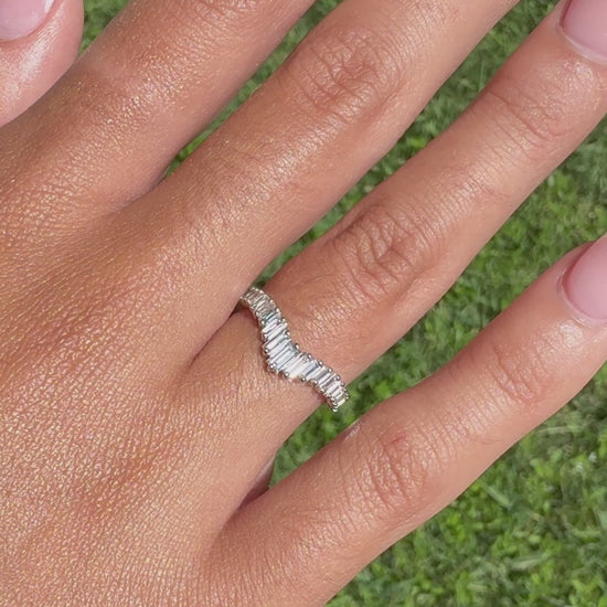 Rose, white and yellow gold. baguette cut diamond, vintage, unique, curved, custom, wedding band, 14K gold 