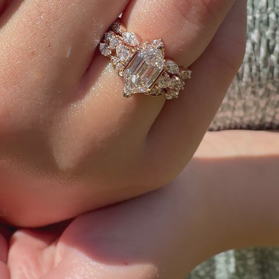 14K gold curved wedding band lab diamonds eco friendly vintage chic marquise round diamonds v shaped 