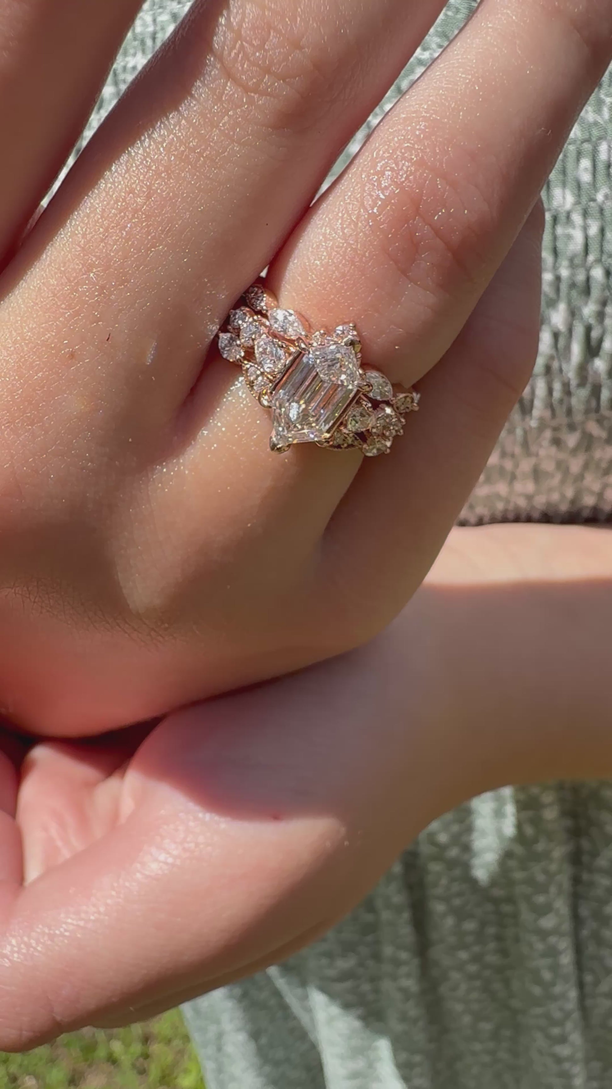 14K gold curved wedding band lab diamonds eco friendly vintage chic marquise round diamonds v shaped 