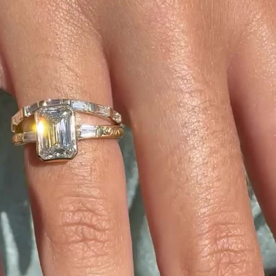 Rose, white and yellow gold. Emerald cut diamond, vintage, unique, scrolling, custom, bezel, 14K gold 