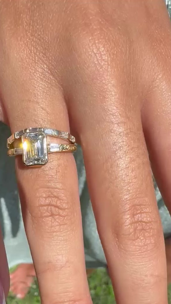 Rose, white and yellow gold. Emerald cut diamond, vintage, unique, scrolling, custom, bezel, 14K gold 